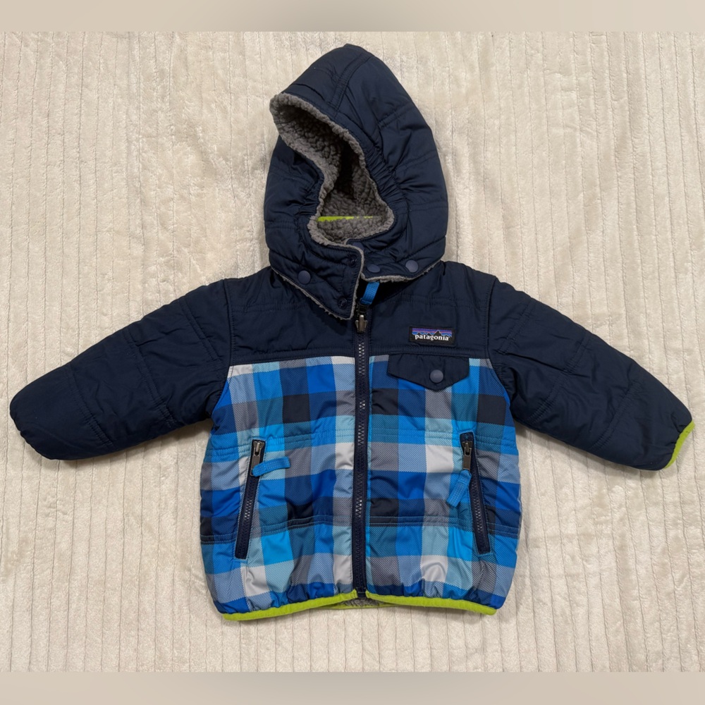 Patagonia Blue Plaid Hooded Jacket size 6-12 months